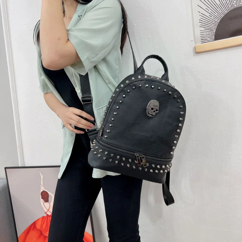 Women\'s bag, soft leather rivet skull backpack, leather travel bag, casual punk street backpack, laptop bag