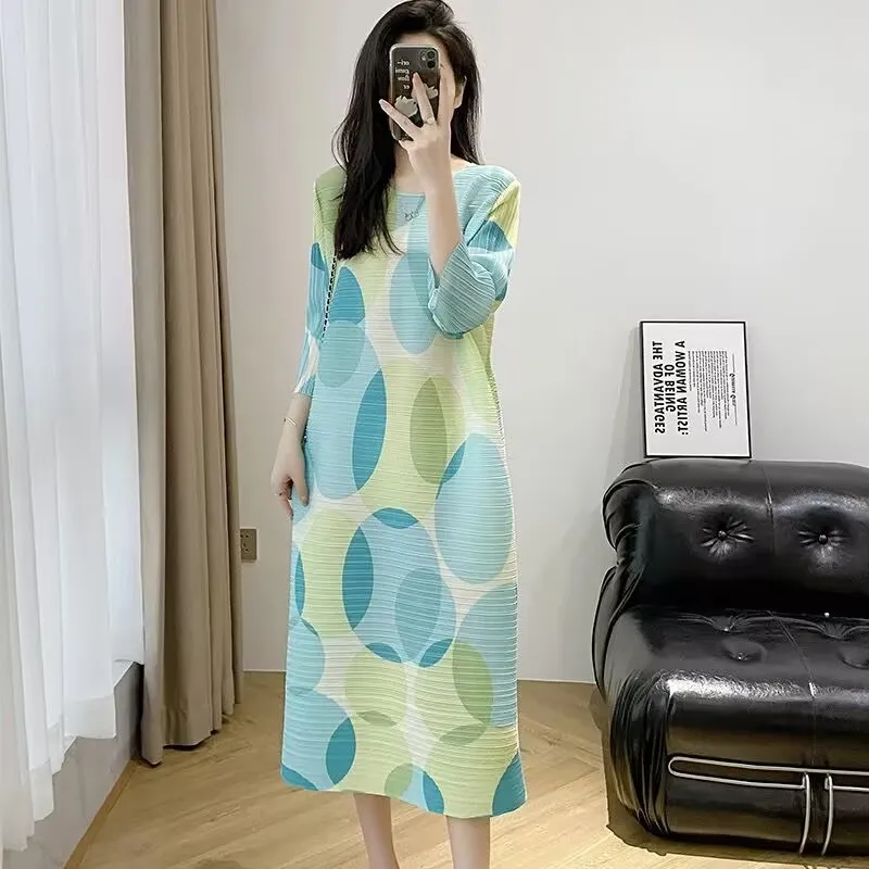 

New Womens Dresses Womens Dresses Miyake Pleated Dress Summer new Print Seaside Holiday Loose Plus Size Women's fat mm Dress