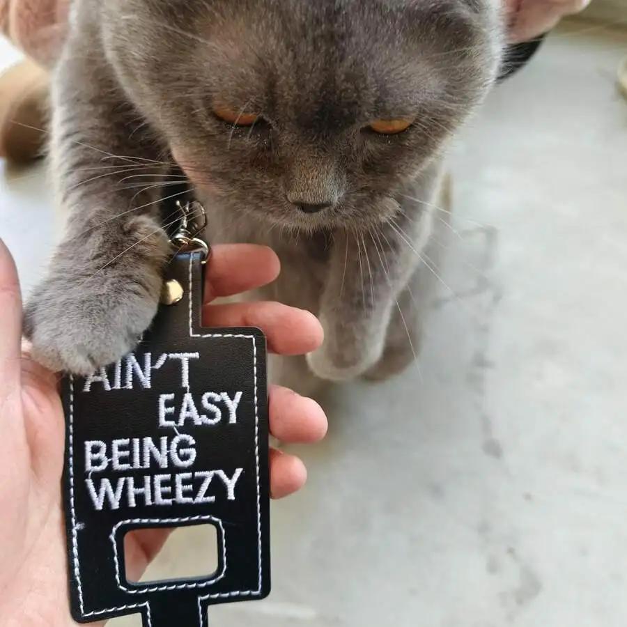 

Black PU Leather Inhaler Case with Keychain and Embroidered Slogan - Compact Protective Cover