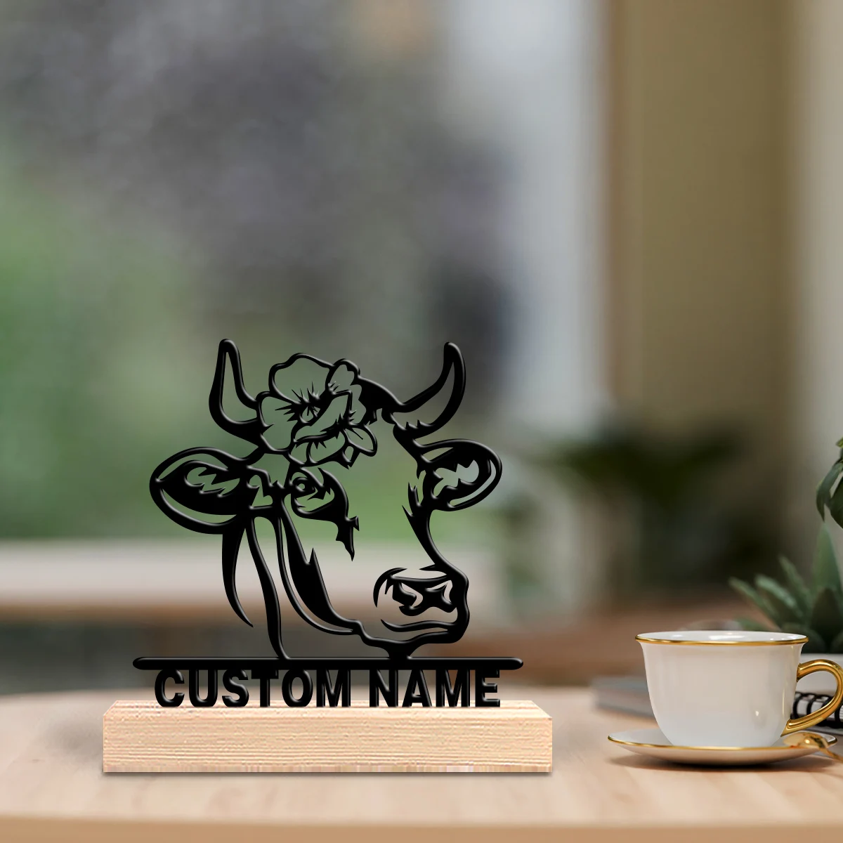1pc Abstract OX Customized Name Metal Statue Iron Ornament Iron Sculpture With Wood Base Art Figurine With Wood Base Home Table