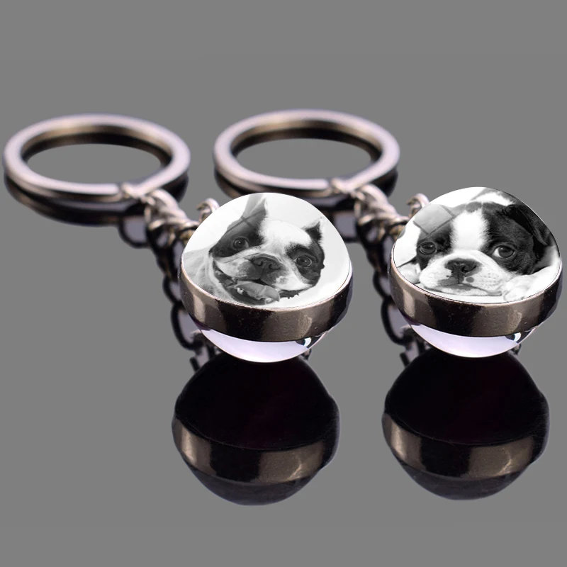 Fashion Men's Boston Terrier Keychain Creative Black and White Dog Photo Glass Ball Pendant Keyring Decoration Pendant for Women