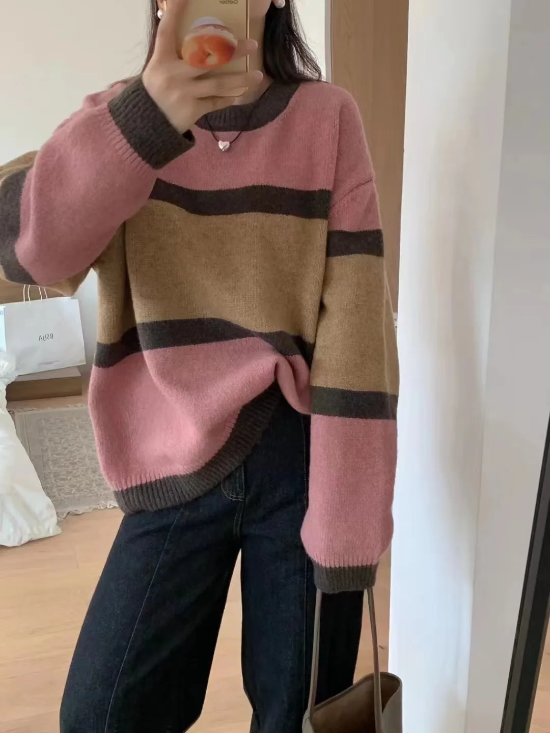 

Мягкий тонкий осенне-зимний женский свитер, ленивый винтажный цветной полосатый свободный вязаный свитер, удобный повседневный свитер