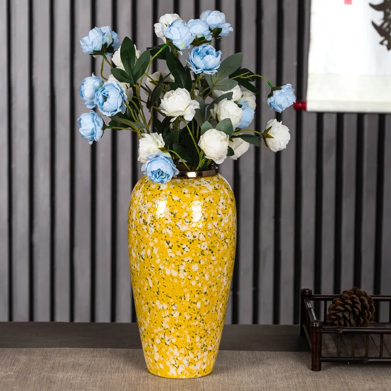 景徳鎮陶器花瓶モダンなシンプルな黄色の花瓶、ドライフラワー付き模擬フラワーポット、リビングルーム、寝室の装飾品