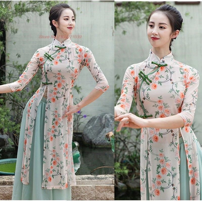 2025 women vintage dance dress chinese traditional flower print mesh qipao tops+pants set folk dance stage performance dress