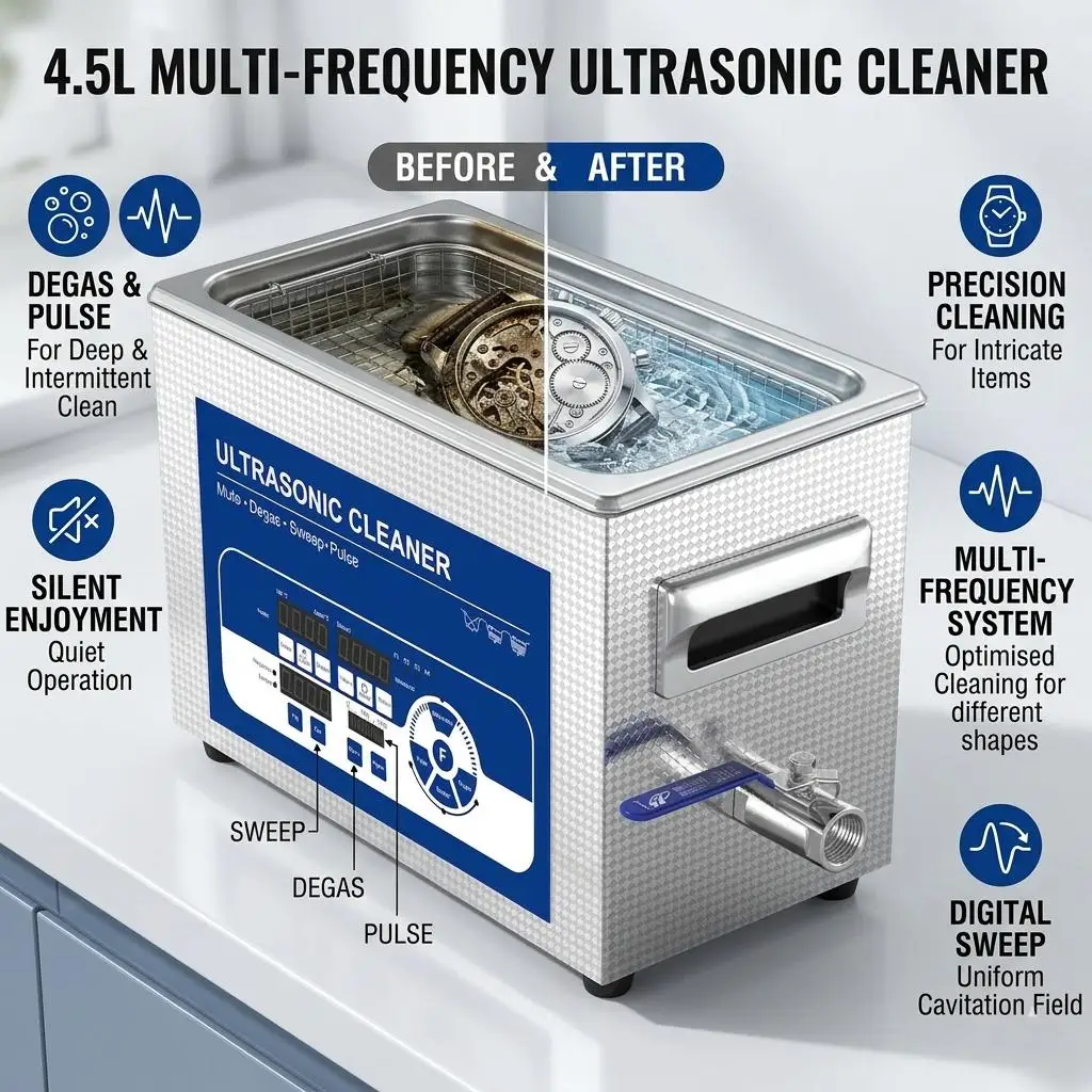 GRANBO 4.5L Ultrasonic Cleaner Multi-Frequency 28-120KHz Laboratory Use Multi-Purpose Ultrasonic Bath for Cleaning