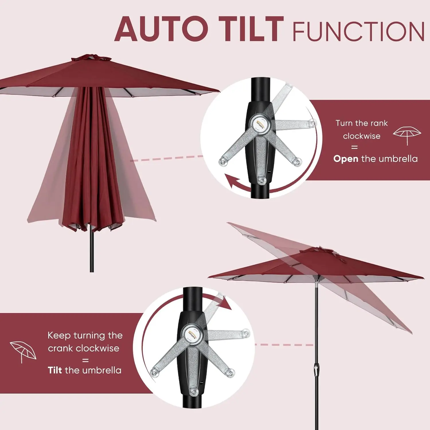 9ft Outdoor Table Umbrella with Auto Tilt and Crank,Large Sun Umbrella with Sturdy Pole&Fade resistant canopy,Easy to