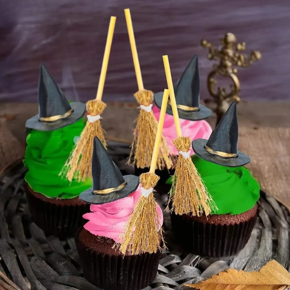 10/12/24 Stück Halloween-Hexenhut-Cupcake-Topper aus Kunstharz, Hexenhüte, Besen-Kuchendekoration, Zauberer-Geburtstagsdekoration, Happy Halloween Kuchendekoration – Detail 4