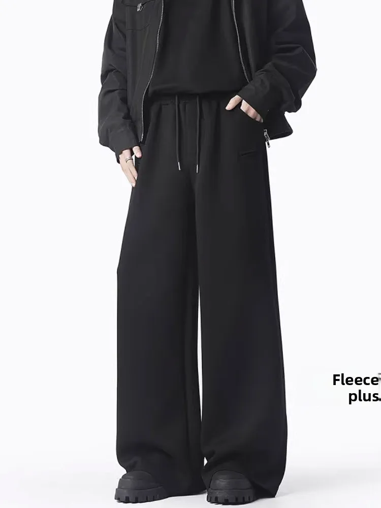 

Men's Fce Lined Thi Wide Leg Knife Cut Sweatpants Casual Spor Long Trousers Winter Season Straight Tube Low Waist