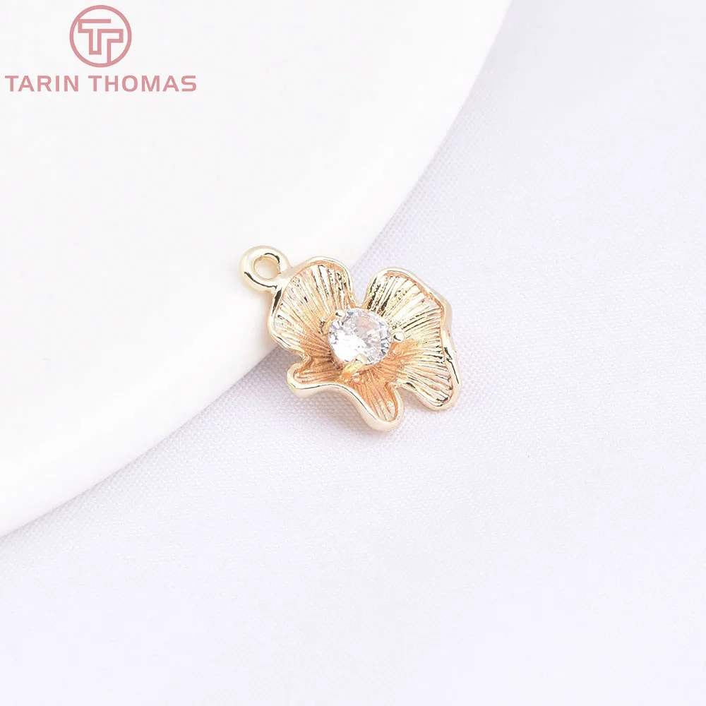 (912) 6PCS 11x14MM 24K Gold Color Plated Brass with Zircon Flower Charms Pendants High Quality Diy Jewelry Making Accessorie