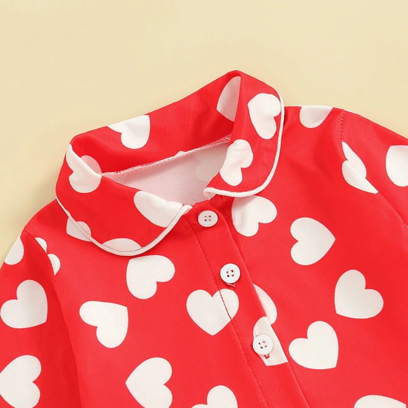 Girls Valentine s Day Pajama Set with Heart Print Ruffled Button-Up Shirt Long Sleeves and Elastic Flared Pants for Cozy