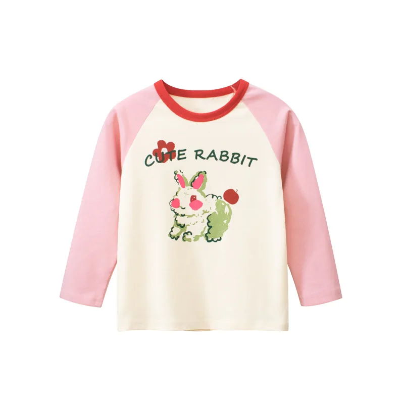 Girls Spring Autumn Long Sleeve T-Shirt Cute Bunny Print Contrast Round Neck High Quality Cotton Fashion TopT-Shirt Base Dress