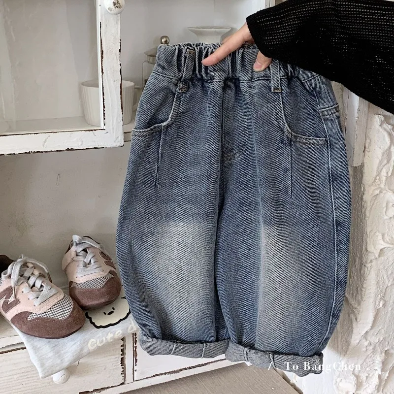 2026 Spring New Kids Clothes 2-7Y Trendy Solid Color Loose Jeans for Boys and Girls Casual Denim Pants Children Baby Pants