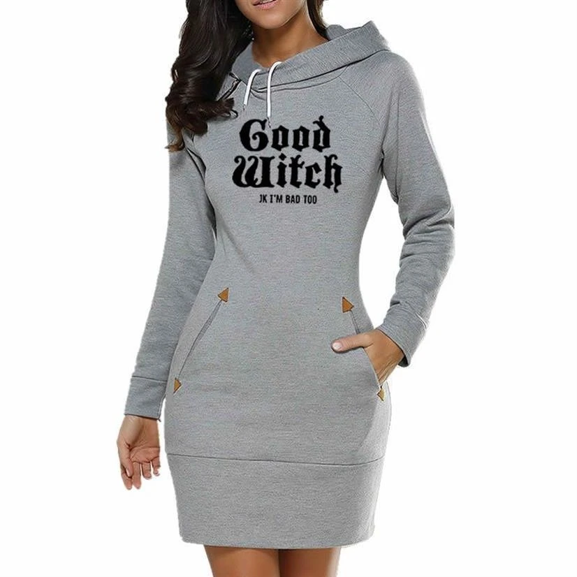 Vestido con capucha para mujer, ropa larga con estampado de letras de buena bruja, Sudadera con capucha para chica, Top de otoño