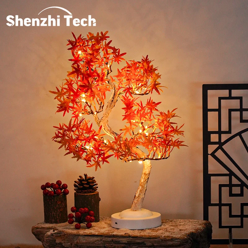 Artificial Bonsai Tree Lights Table Decor Maple Leaves Tree Fairy Lamp, Battery/USB Operated LED Night Light, for Christmas Fest