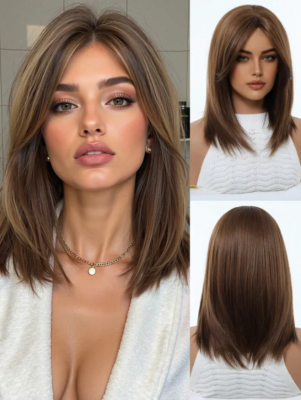 

Brown Straight Short Bob Synthetic Wig for Women with Natural Honey Blonde Highlights Daily Club Wear High Temperature Resistant