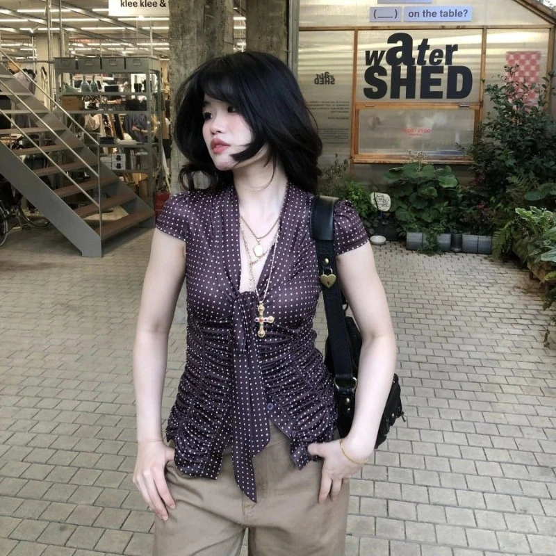 

Женская блузка Gagaok Y2K в стиле ретро с плиссировкой, на шнуровке, в горошек, с завязками, укороченная, приталенная, элегантная, универсальная, лето 2026