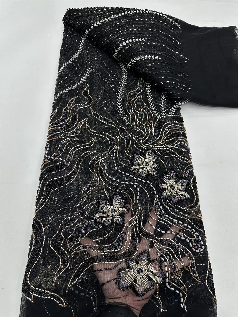 5 Yards  Latest African Beaded Lace Fabric Embroidery French Mesh Sequins Lace Fabric Nigerian Tulle Lace for Party