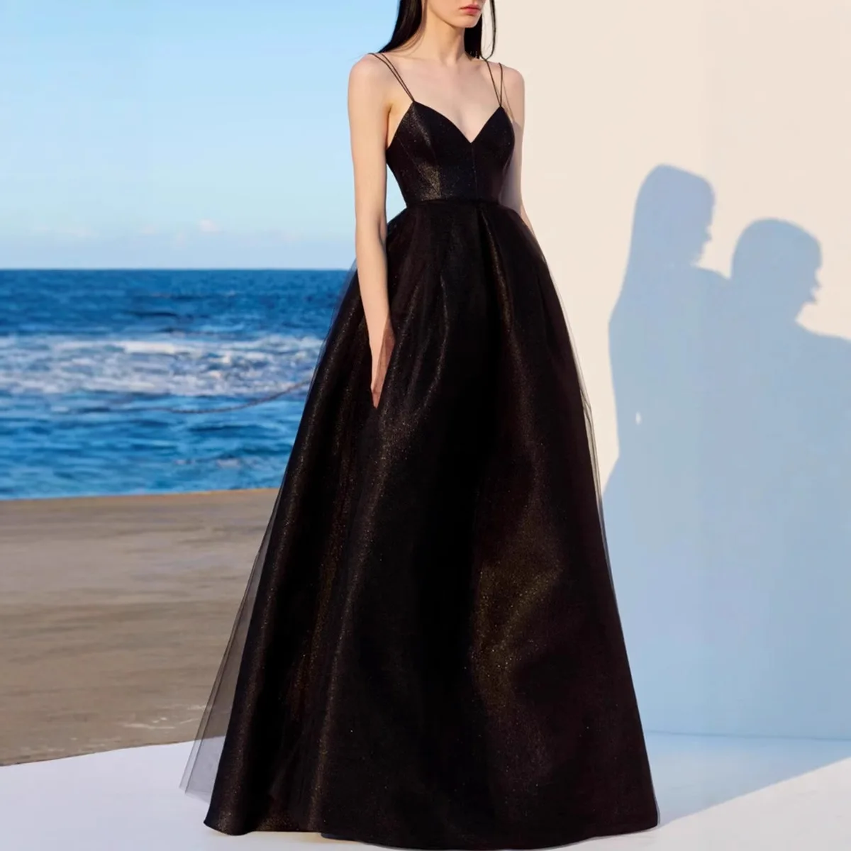 

Evening Feminine Walk Show Black Suspender Dress Birthday Party Платье Черное С Вырезом На Ноге Party High-End Performance Dress