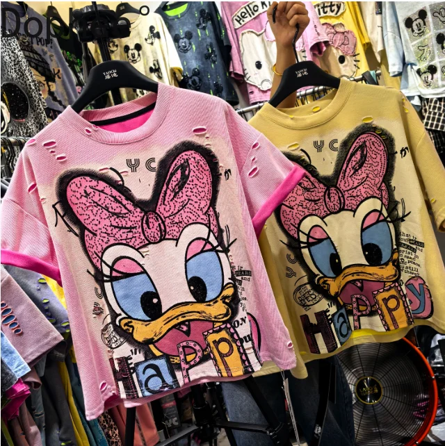 

Cute Age Reduction Loose Short Sleeve T-shirt All-match Hole O-neck Casual Tee Sequins Cartoon Printed Casual Women Pullover Top