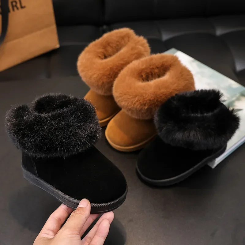 

Children Winter Snow Boots Boy Non-slip Solid Color Fleece Short Cotton Boots Girls Raw Edges Warm Comfortable Kids Cotton Shoes