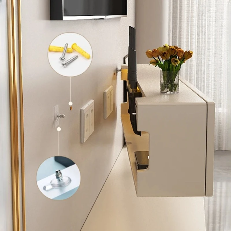 Vintage Rattan Wall Mount Router Holder TV Bracket Organizer with Concealed Cable Management Set Top Box Storage Shelf