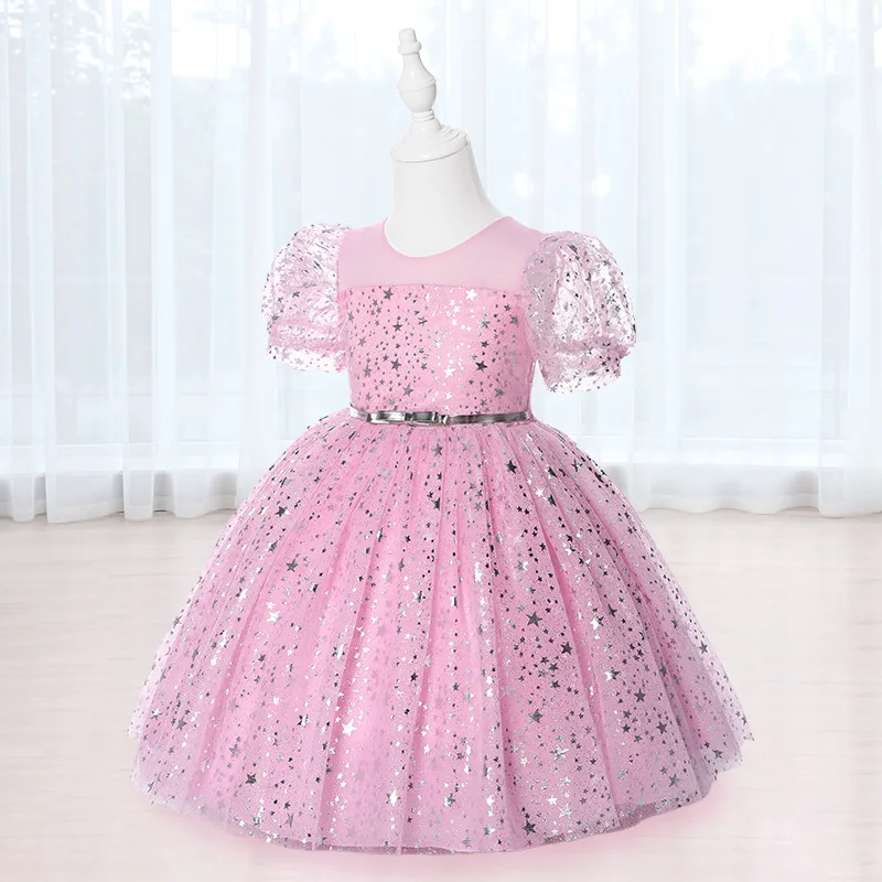 Summer 2023 Dresses For Girls Kids Baby Ruffle Lace Pageant Party Wedding Sequin Sparkling Tulle Dress Short Sleeve Princess