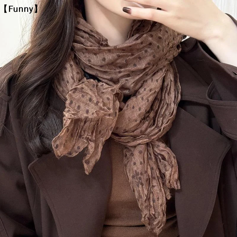 〔Funny〕Women Cotton Linen Scarf Wrinkle Twisted Scarf Female Headscarf Korean Versatile Trend Pleated Shawl Scarf