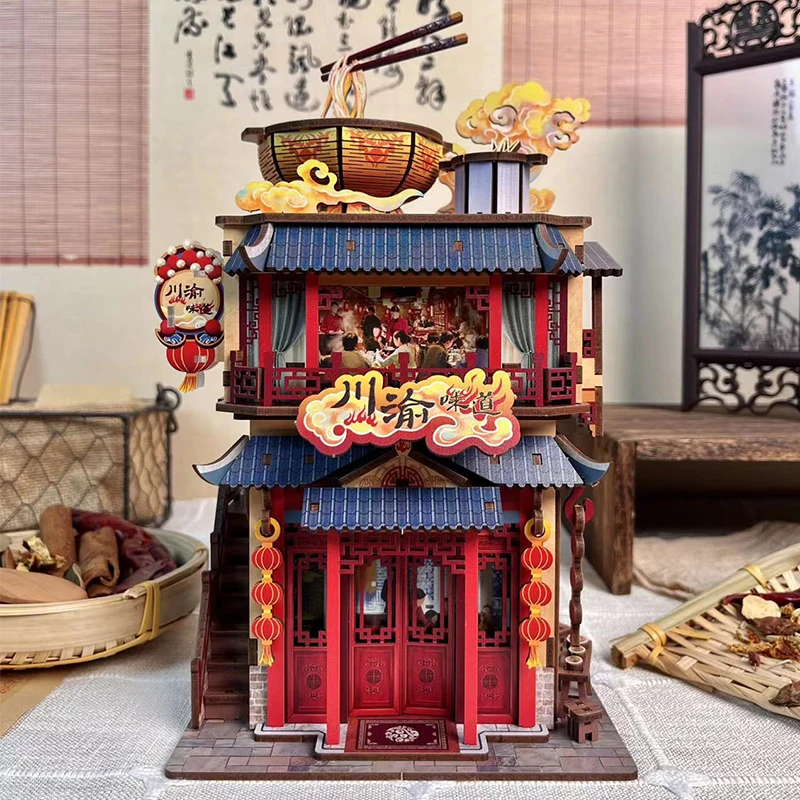 DIY Wooden Spicy Hot Pot Storage Box Model Building Kits City Street View 3D Puzzle Handmade Toys for Adults Gifts Desk Decor