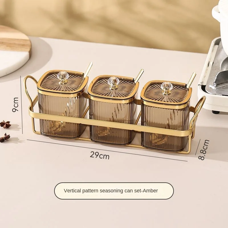 Luxury Gold Plated Vertical Pattern Transparent Spice Jar Set Home Kitchen Salt Jar Chili Spice Storage Box Grain Storage Bottle