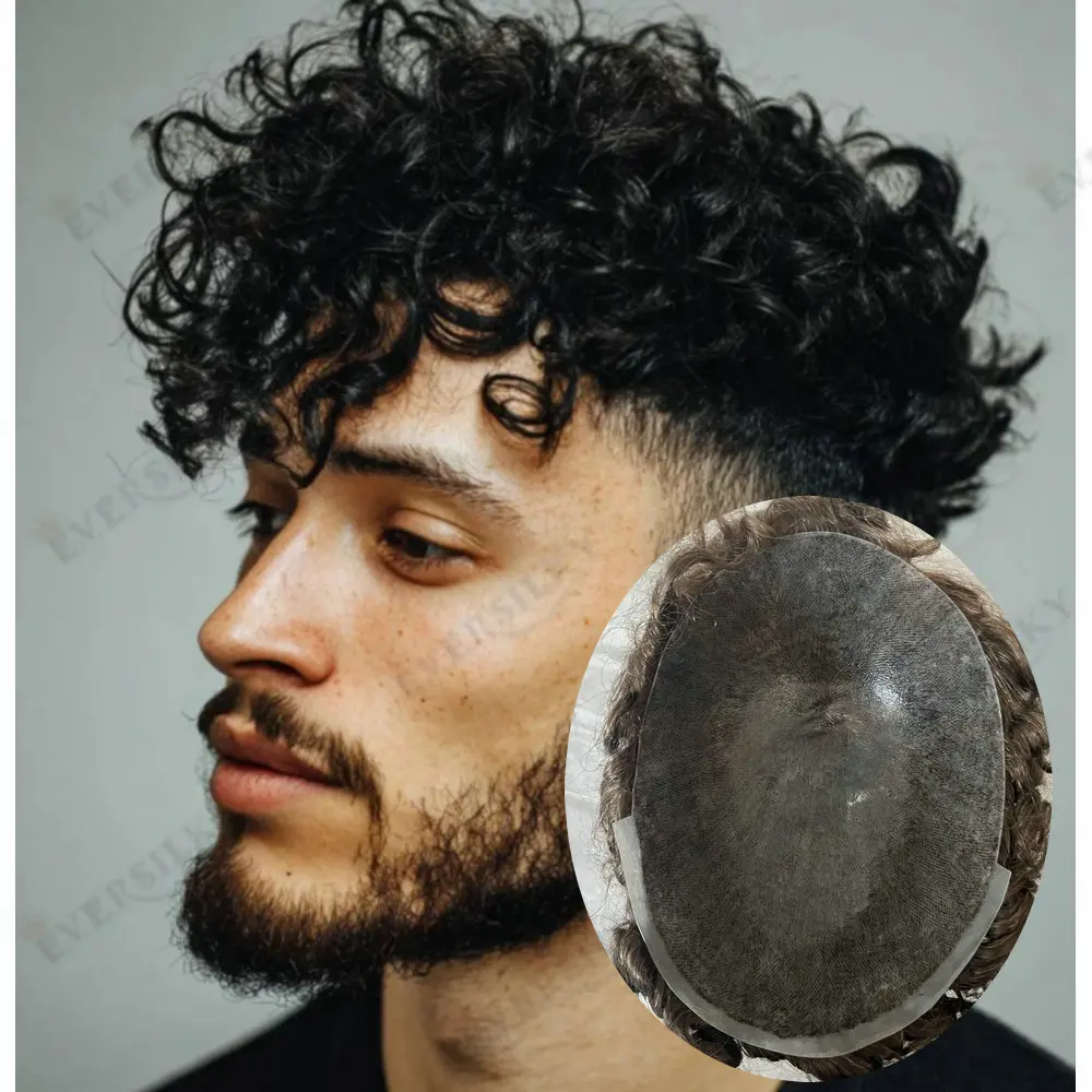 

Men's 100% Human Hair PU Capillary Prothesis Toupee 18mm Afro Curly Thin Skin Base Durable Natural Looking Daily Hair Accessory