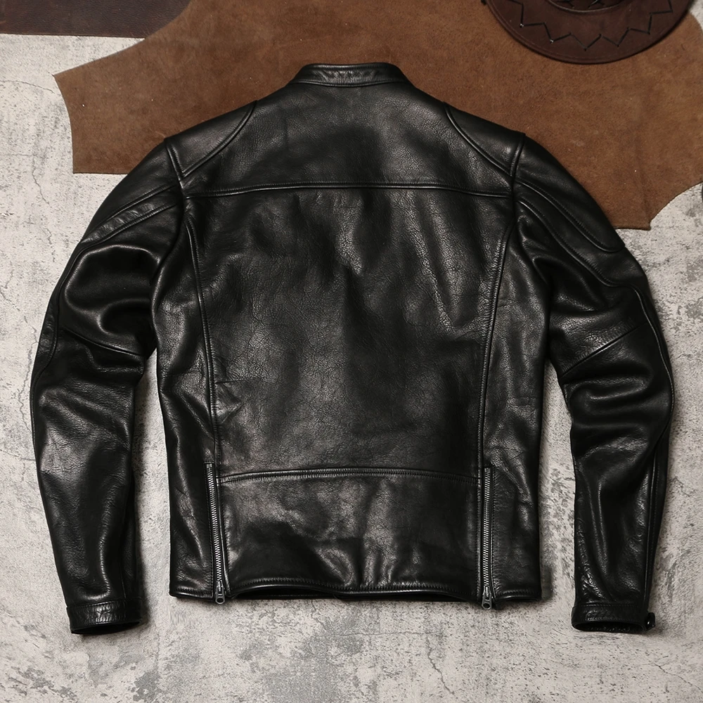 Black Autumn Leather Jacket Men Stadn Collar Plus Size 4XL Natural Cowhide Slim Fit Short Genuine Leather Coat