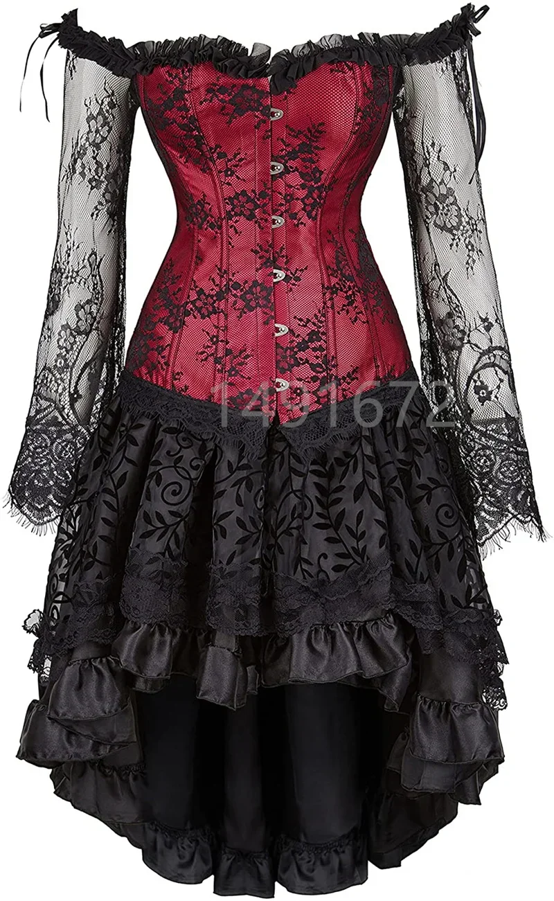 

Corset Dress Long Sleeves Bustier Corset and Skirt Set Gothic Floral Lace up Showgirl Clubwear Lingerie Costume Burlesque Exotic