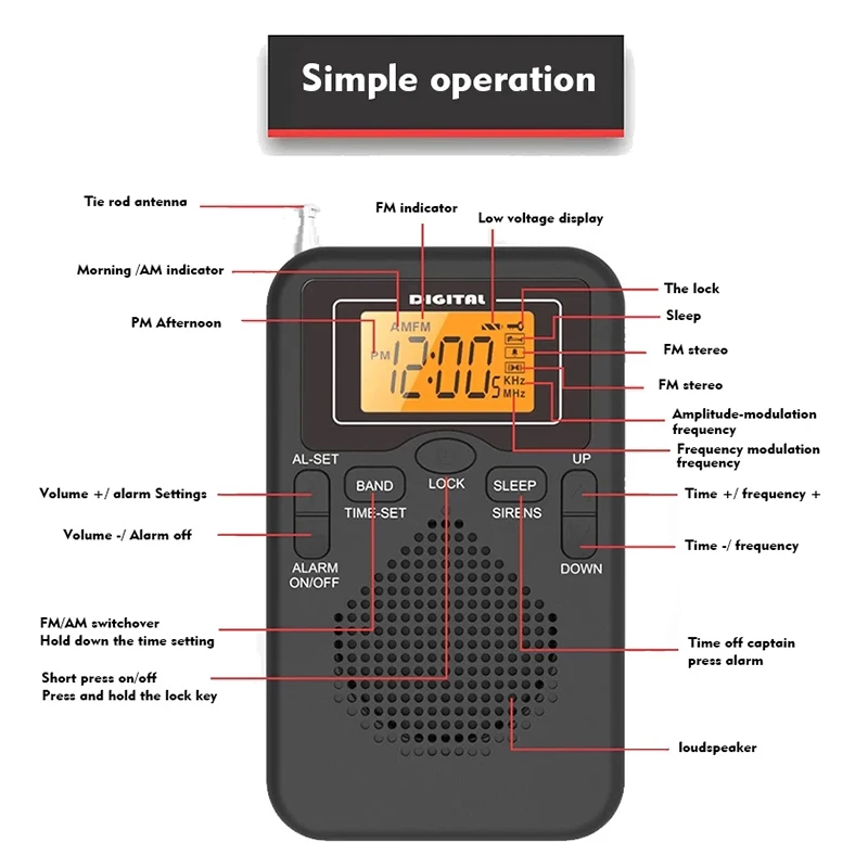 W-206 FM AM Radio portátil con batería auricular estéreo pantalla LCD despertador Digital temporizador de sueño Radio de uso de emergencia
