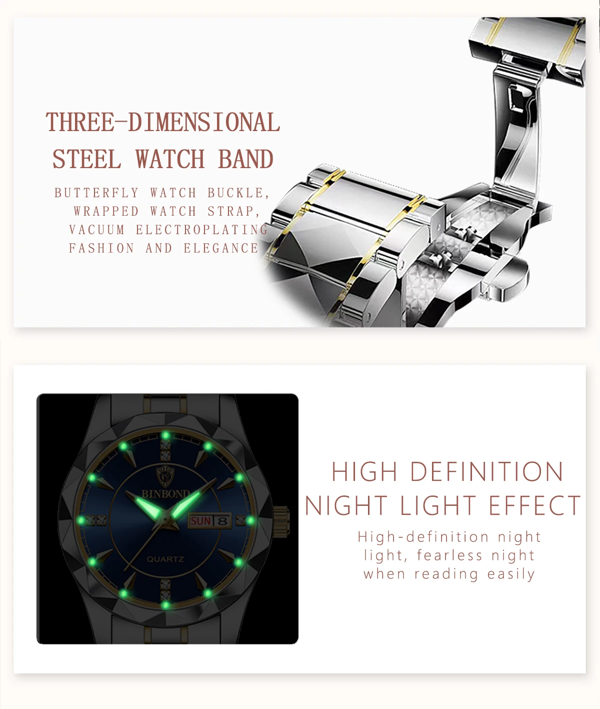BINBOND Luxus-Quarz-Armbanduhren für Damen, leuchtend, wasserdicht, Wochenanzeige, automatisches Datum, Damenuhren, modisch, lässig, Reloj – Detail 13