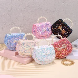 Pink Sequin Pearl Small Shoulder Bag for Baby Girls Children Luxury Mini Crossbody Bag Cut Kinds Coin Purses Little Girl Handbag