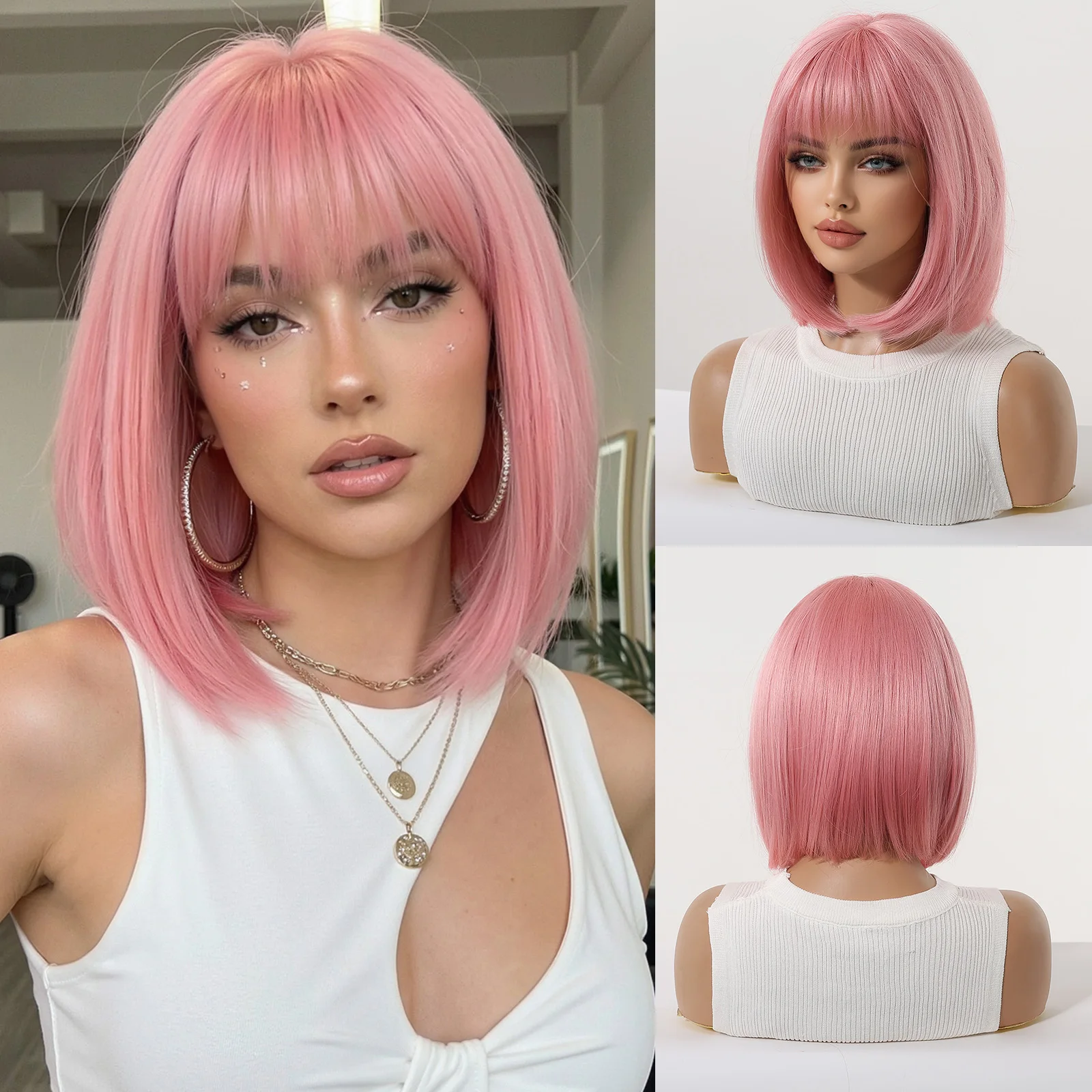ALAN EATON Short Straight Bob Synthetic Wigs Pink Natural Hair Wig with Bangs for Women Cosplay Cute Wig Heat Resistant Fiber