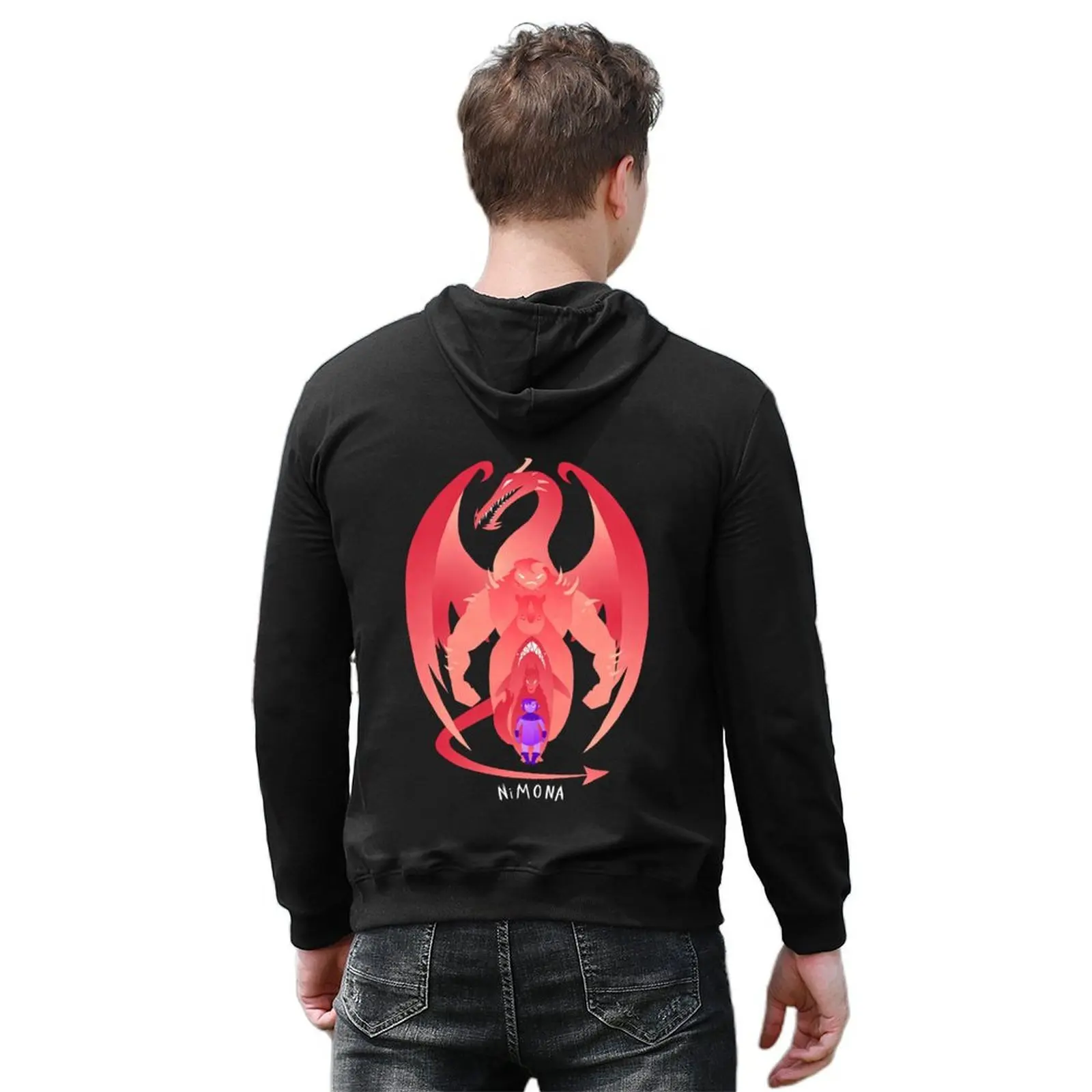 تي شيرت بقلنسوة حمراء من Nimona ملابس خريفية للرجال ملابس على الطراز الياباني للرجال بقلنسوة يابانية