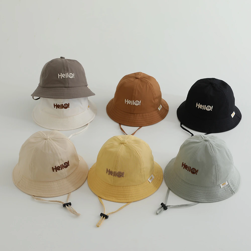 Embroidery Letter Fisherman Cap For Kids Sunscreen Basin Cap Cotton Solid Color Bucket Hat 1-3year Boy Girl Baby Sunshade Visors