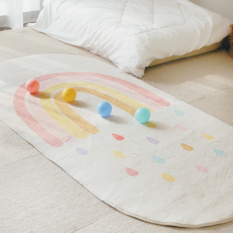 

Children's Room Crawling Mat Soft Comfortable Plush Carpet Living Room Oval Large Area Rainbow Pattern Cute Bedside Rug Alfombra