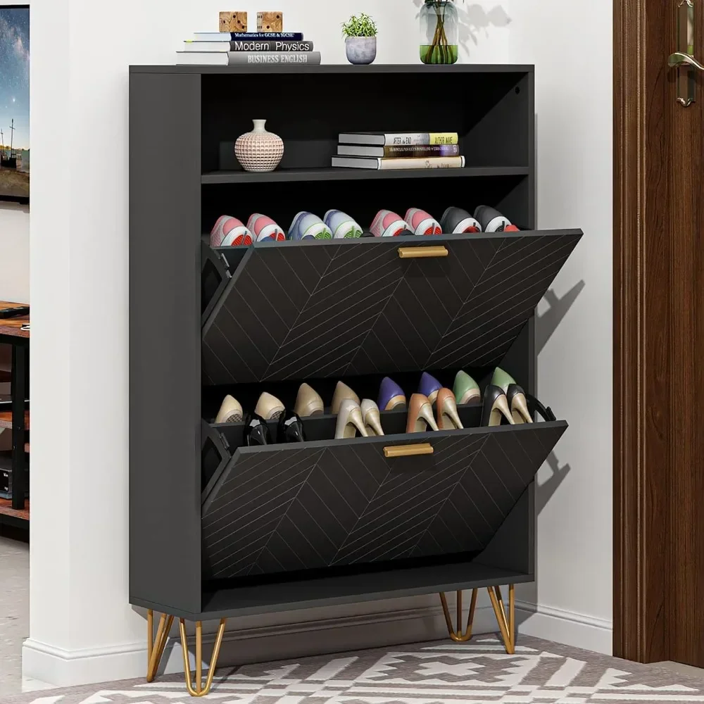 

Tipping Bucket Shoe Storage Cabinet Modern Entryway Shoe Rack with Storage Top Cubby, Narrow Slim Hidden Organizer with Doors