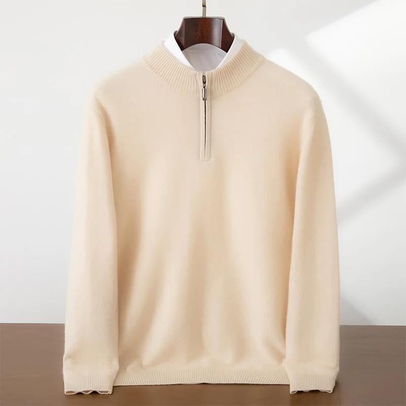 

Men's Half-High Collar Half-Zip Pullover 100% Cashmere O-Neck Classic Business Sweater Autumn Winter Solid Color Minimalist Tops