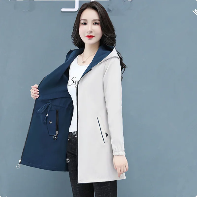 UHYTGF Double-Sided Trench Coat Women Spring Autumn Clothes Hooded Large Size Long Windbreaker Jacket Female Outerwear Tops 2680