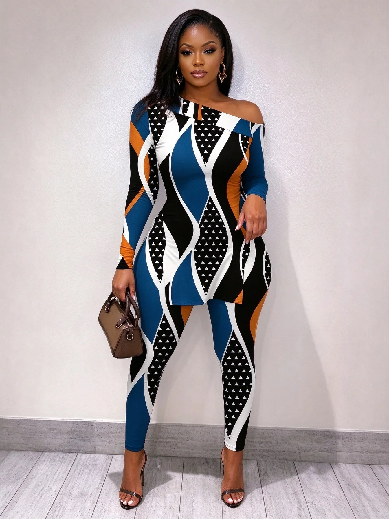Plus Size Women Geometric Print 2 Piece Outfit One Shoulder Long Sleeve Tunic Top And Skinny Pants Set African Pattern Curvy Lad