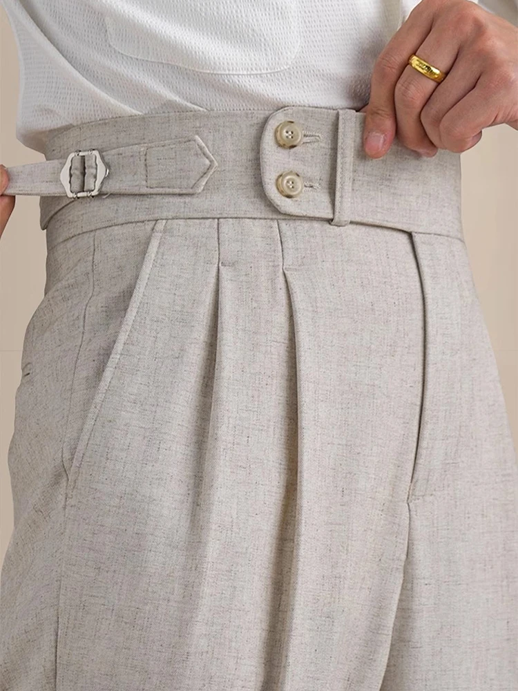 Naples Double Fold High Waist Linen Suit Pants For Men Summer Breathable Straight Leg Office Trousers Men Pantalon Costume Homme