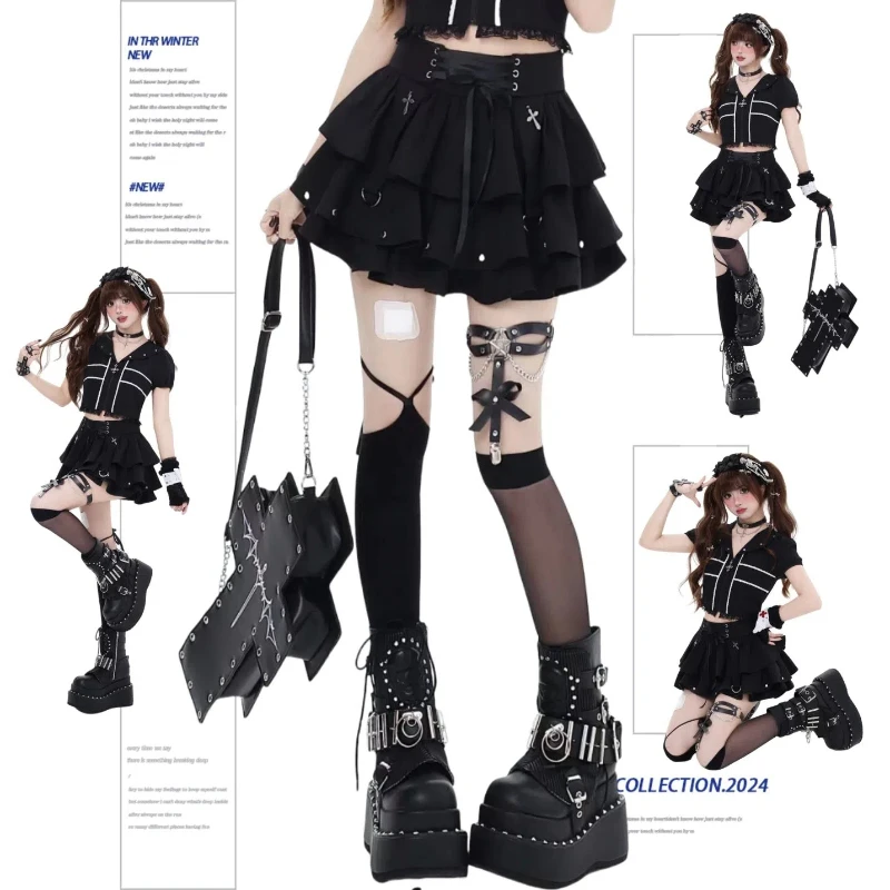 

Women's New Style Splicing and Fashionable Solid Color Straps Niche Design High Waist Cake Skirts