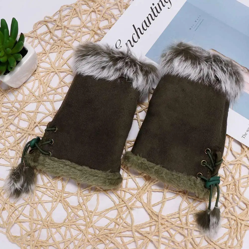 New Girls Gift Color Soft Wrist Fashion Trim Warm Rabbit Fur Women Gloves Fingerless