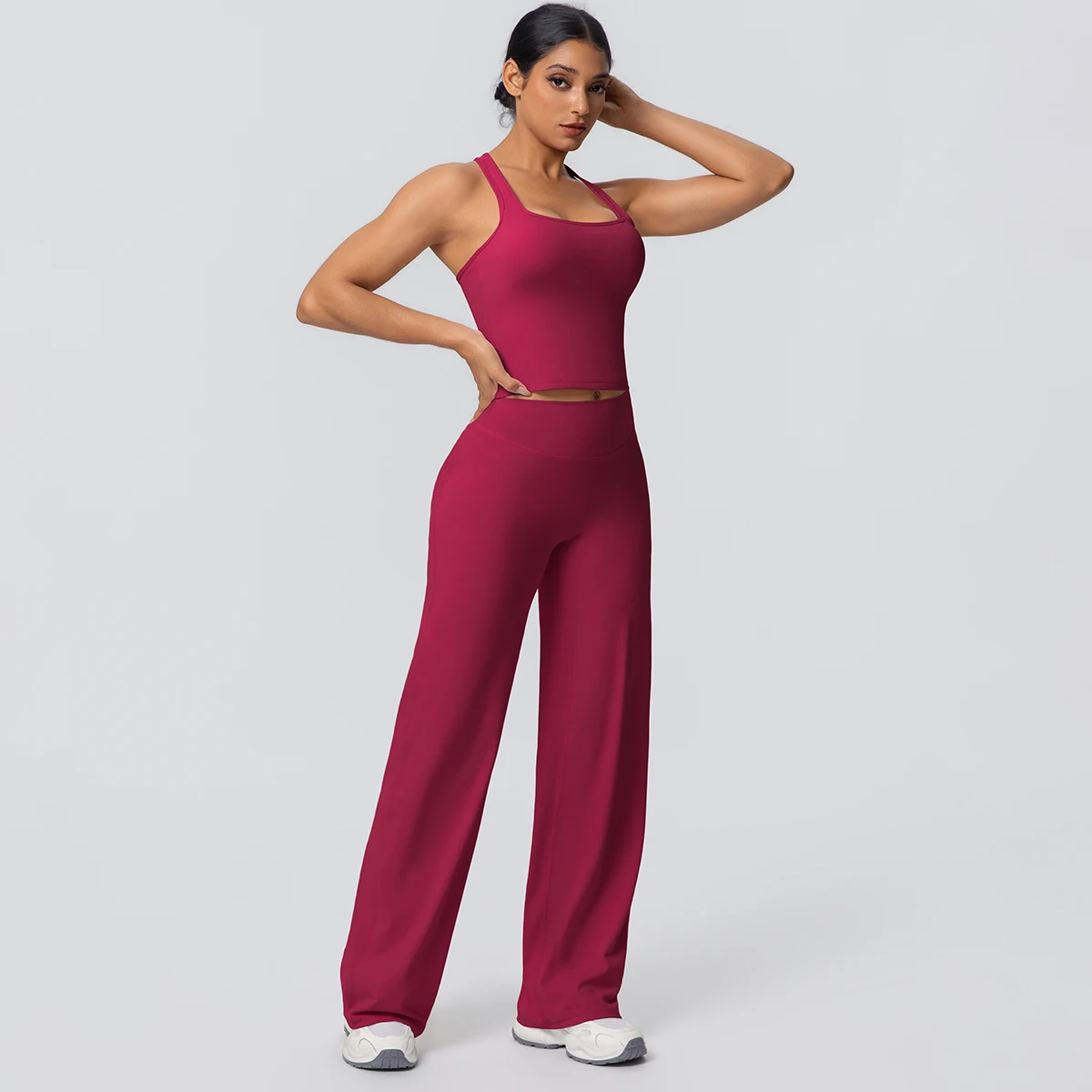 Frauen Sport Yoga Set Gym Schnell Trocknend Pfirsich Butt Yoga Hosen Einfarbig Schlank Schöne Zurück I-förmigen weste Yoga Set – Detail 38