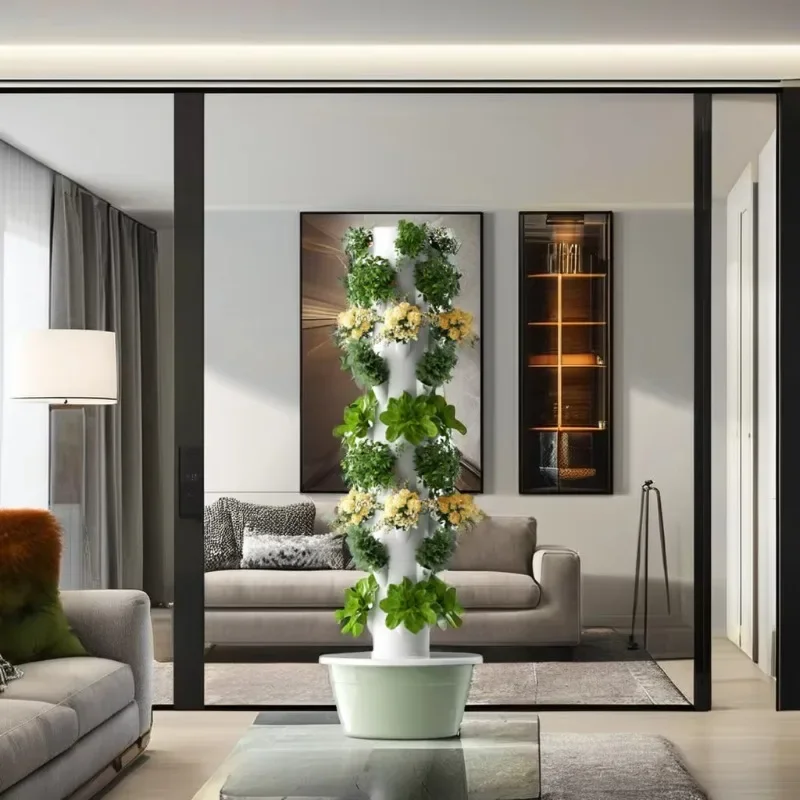 Interior Classic Design NFT Hydroponic Garden Tower Flower Pot LED Lighting Home Vertical Planting System