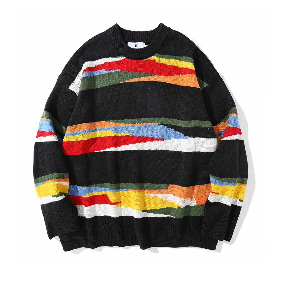 

Autumn Contrast Striped Knitted Sweater Men Bf Loose Round Neck Long Sleeved Rainbow Top Trendy Brand Pullover Couple Sweater