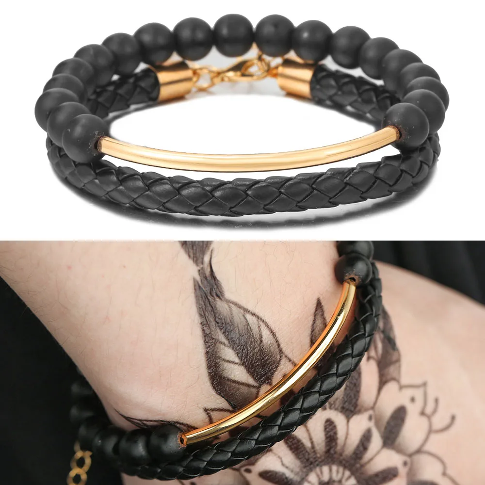 Neues gewebtes Lederarmband für Herren, Punk, handgefertigt, schwarz, mattierte Perlenarmband, 2-teiliges Armband